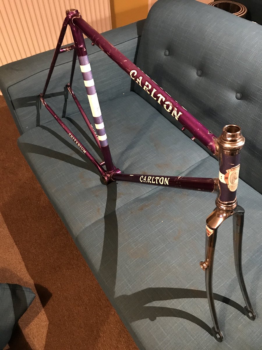 Picked this up tonight. 1972/3 Carlton Criterium. Good chrome, the paint has “patina”. No rust, it’s a stunning shade of Tyrrhian Mauve. I’ve got most of the period parts I need, but not perhaps the exact spec. It’ll take a few weeks to build.  #steelisreal  #carltoncycles