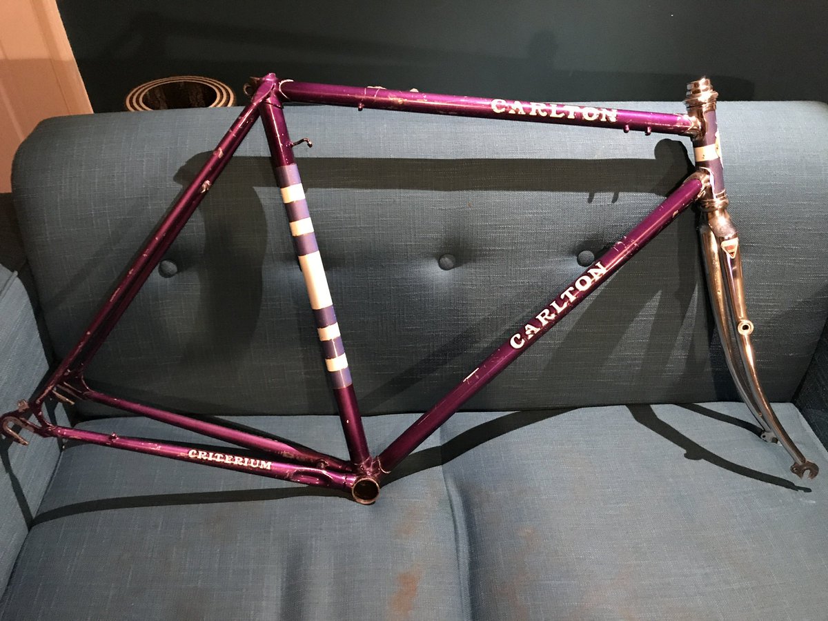 Picked this up tonight. 1972/3 Carlton Criterium. Good chrome, the paint has “patina”. No rust, it’s a stunning shade of Tyrrhian Mauve. I’ve got most of the period parts I need, but not perhaps the exact spec. It’ll take a few weeks to build.  #steelisreal  #carltoncycles