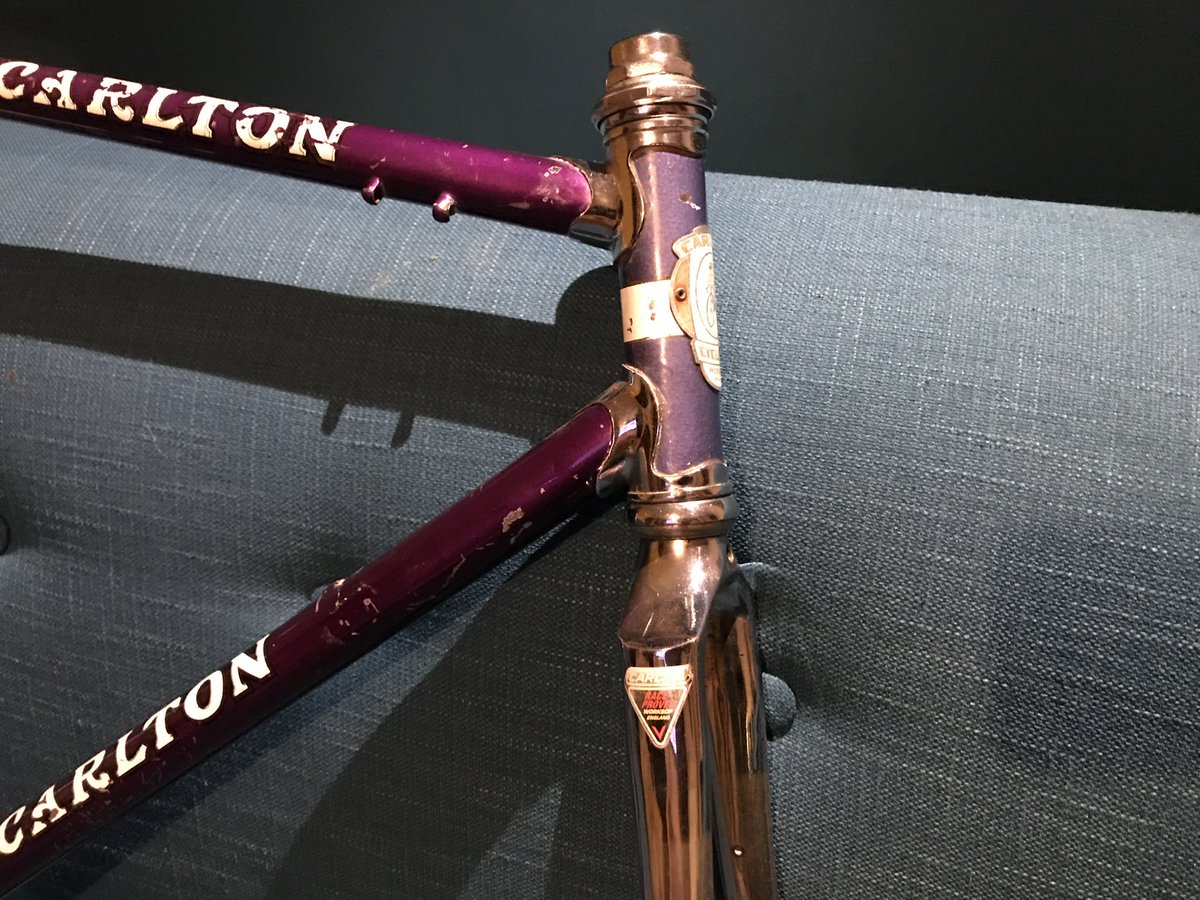 Picked this up tonight. 1972/3 Carlton Criterium. Good chrome, the paint has “patina”. No rust, it’s a stunning shade of Tyrrhian Mauve. I’ve got most of the period parts I need, but not perhaps the exact spec. It’ll take a few weeks to build.  #steelisreal  #carltoncycles