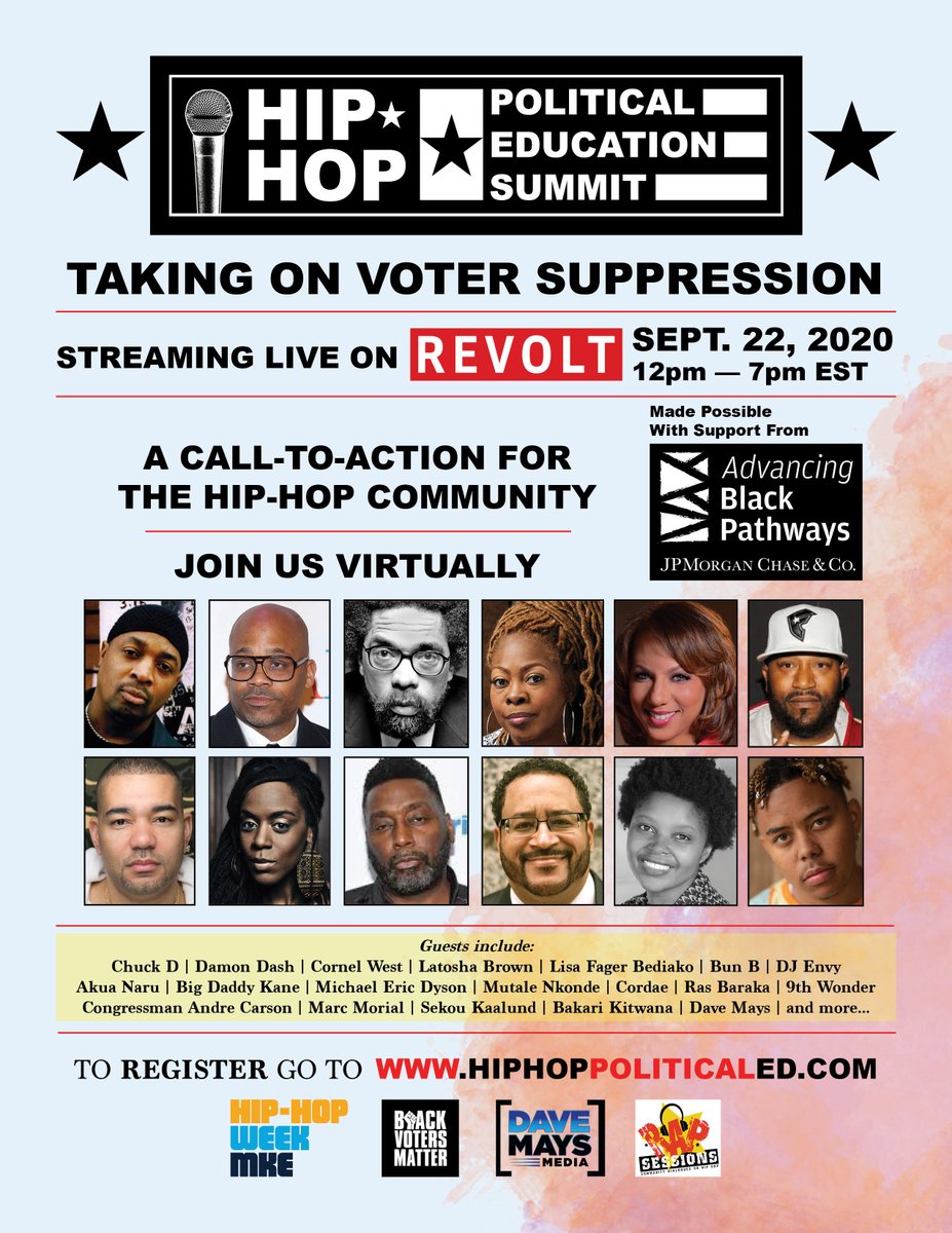 hhpoliticaled's tweet photo. It's time to transform Hip-Hop's cultural influence into policy & power. Join the movement on Sep 22 at the first-ever #HipHopPoliticalEducationSummit @HipHopPoliticalEd
Register now at https://t.co/q1PpCzfweU
#HipHopIsPower #VoterSuppression #ThisIsHipHop #BlackVotersMatter https://t.co/P2eodiXwxa
