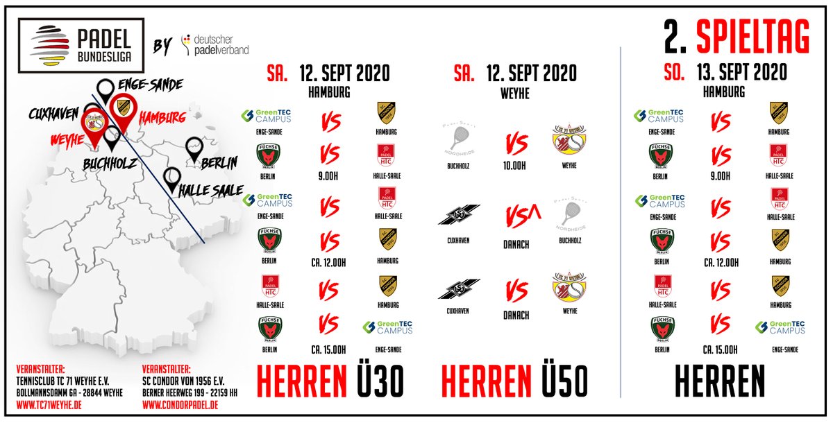 padelanalytics's tweet photo. 🥎🥎🥎PADEL BUNDESLIGA 2020 🇩🇪🇩🇪🇩🇪
2. Spieltag / 12./13.09.2020
Herren Open + Ü30 / Gruppe D
Herren Ü50 / Gruppe C

#padel #padelpassion #padeladdict #padelamateur #padelanalytics #padeldeutschland #padelgermany #padelalemania #deutschland #fippadel #padelante #padelmania https://t.co/c1C0M0D5yQ