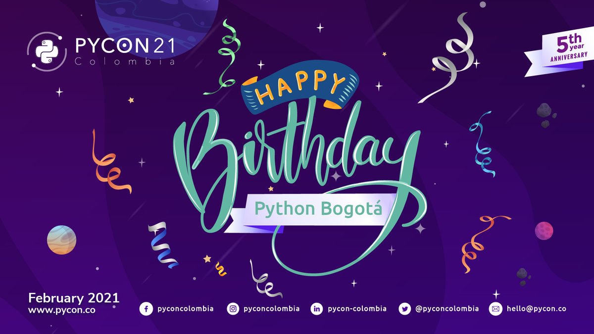 pyconcolombia's tweet photo. 🎉🎉 Hoy @pythonbogota está celebrando 8 años de compartir con las personas amantes de #Python, Gracias por sus grandes aportes a esta comunidad 🎉🎉
¡Feliz Cumpleaños!
#PythonBogota #Community #developer #Programming #Colombia https://t.co/qgkuGyrWDS
