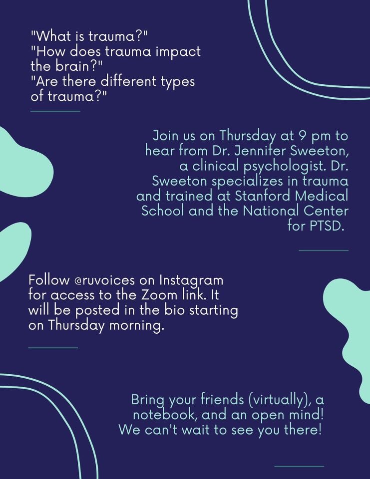 RUVOICES's tweet photo. Join us this Thursday on Zoom!!! This meeting will be centered on Trauma. We would love to have you there! https://t.co/MQnHnCv8ag
