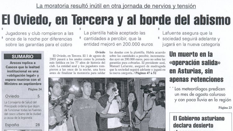 In 2001 Real Oviedo were relegated from the Spanish first division to the second. Then they were relegated first on the pitch to the third division (Segunda B) and forced relegated, after having failed to pay players wages, to the fourth division (Tercera Division).