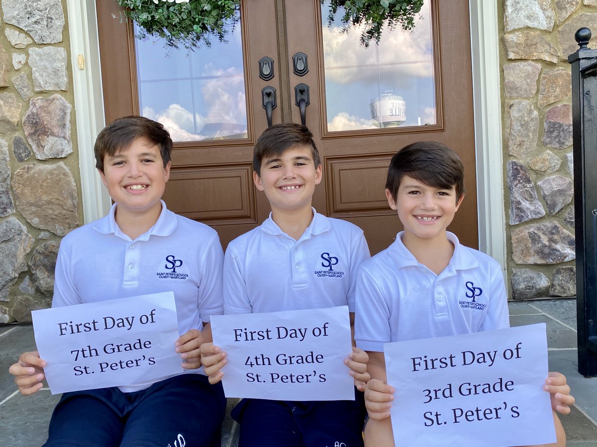 K_Cocozzella's tweet photo. How wonderful are these first-day-of-school sibling pictures? The first day of distance learning for Saint Peter's was a success! So great to see the @StPetersOlney students wearing their uniforms and smiles! #ADWFirstDay #onepanther @ADWCathSchools @CBN_Moco https://t.co/ogf8SlUQhW