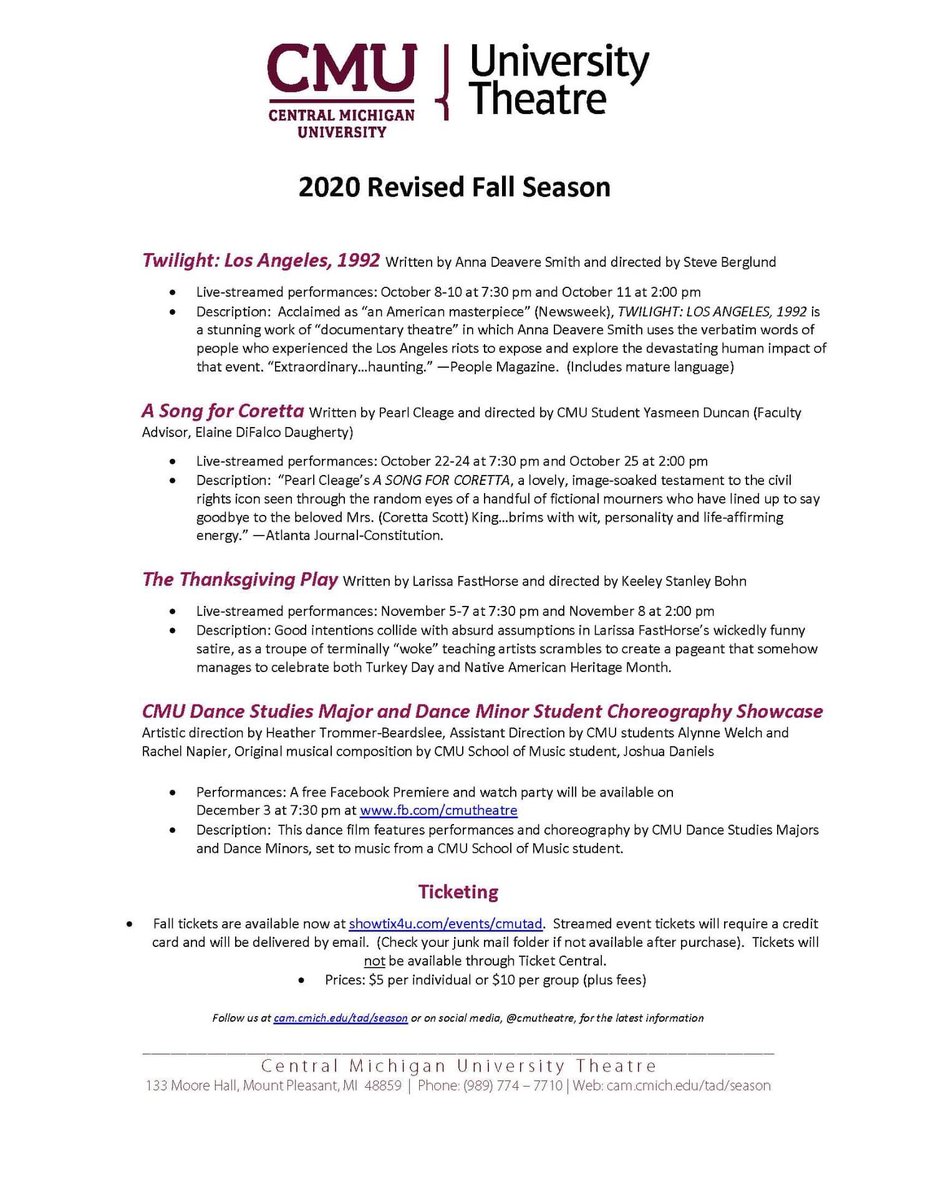 cmichapo's tweet photo. CMU University Theatre is proud to announce the revised Fall 2020 Season! https://t.co/XKldVrirRb