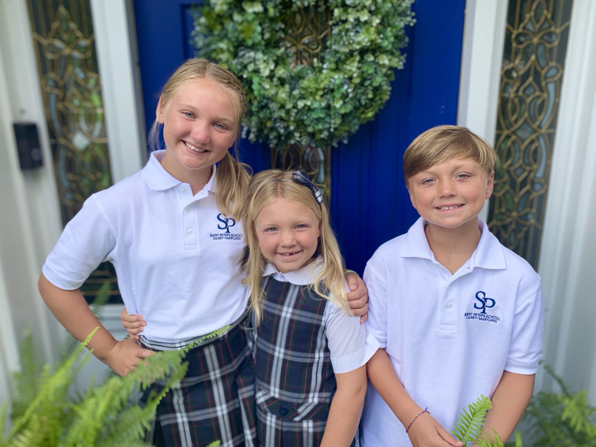 K_Cocozzella's tweet photo. How wonderful are these first-day-of-school sibling pictures? The first day of distance learning for Saint Peter's was a success! So great to see the @StPetersOlney students wearing their uniforms and smiles! #ADWFirstDay #onepanther @ADWCathSchools @CBN_Moco https://t.co/ogf8SlUQhW