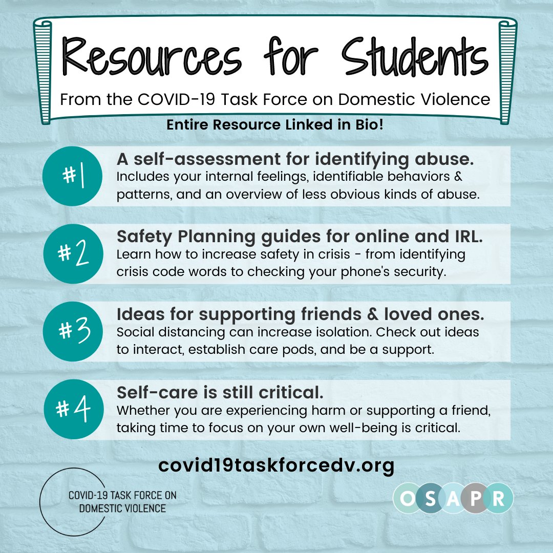 HarvardOSAPR's tweet photo. Check out the resources for college students from @covid19tfdv. 

Learn how and why to safety plan, what abuse may look/feel like, and how to support friends and loved ones while caring for yourself.

https://t.co/fK6xepDSyA https://t.co/oRlTxLxUyQ