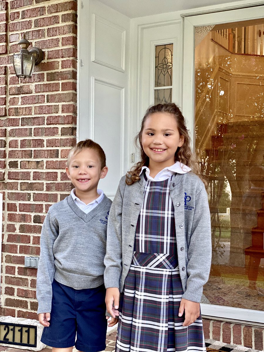 K_Cocozzella's tweet photo. How wonderful are these first-day-of-school sibling pictures? The first day of distance learning for Saint Peter's was a success! So great to see the @StPetersOlney students wearing their uniforms and smiles! #ADWFirstDay #onepanther @ADWCathSchools @CBN_Moco https://t.co/ogf8SlUQhW