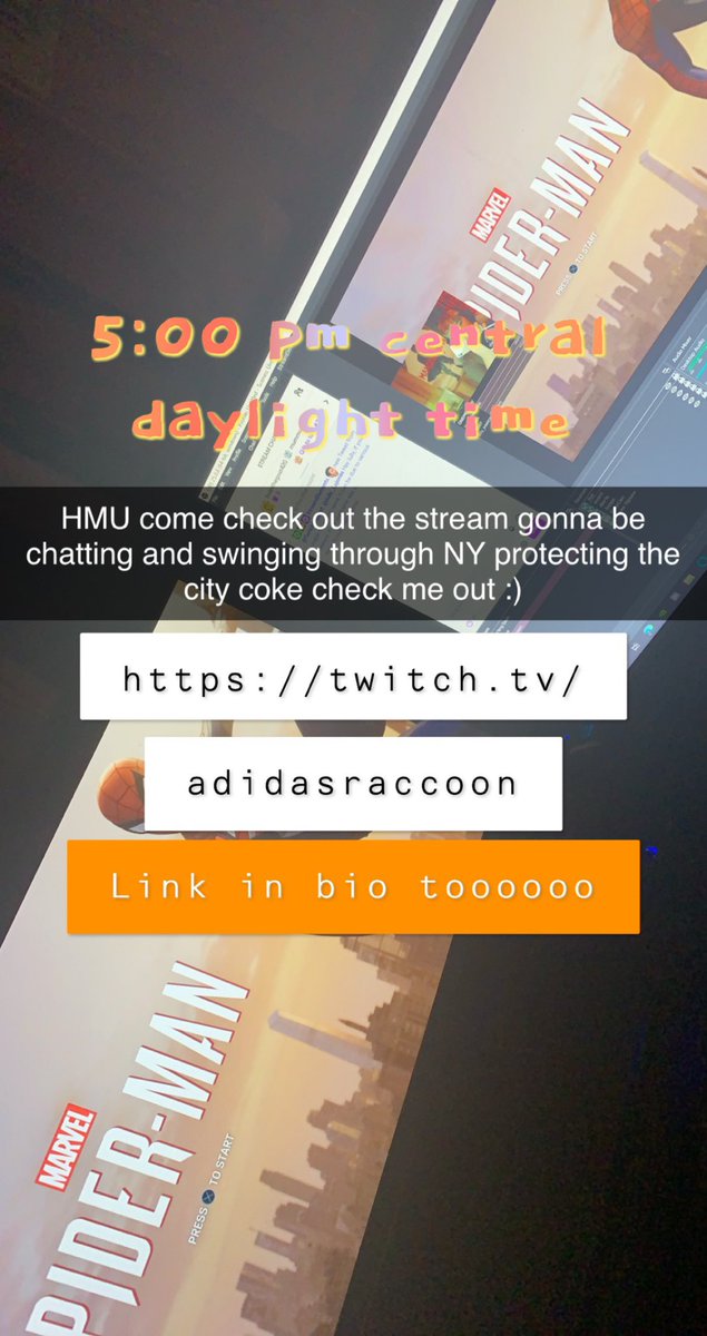 AdidasRaccoon's tweet photo. Ima be streaming some Spider-Man
-
-
-
-
-
-
-
-
-
-
-
-
-
-
-
-
#spiderman #sonyspiderman #ps4 #streaming #buildingmycommunity #memes #twitch #twitchstreamer #teitchaffiliate #twitchaffiliate #smallstreamers #smallstreamercommunity #smallstreamersconnect #chatting https://t.co/XJXakvUCAo