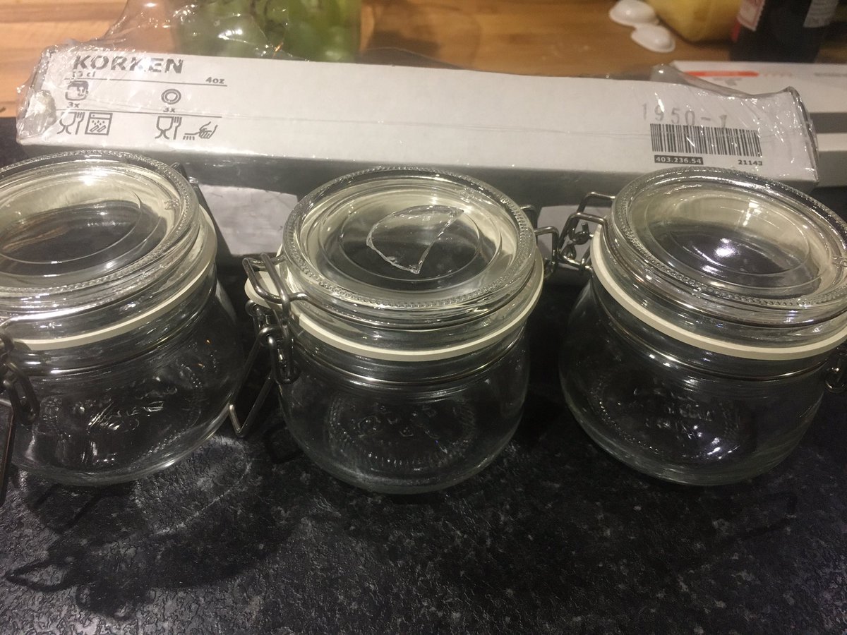 UEyles's tweet photo. @IKEAUK @IKEAUKSupport glass in the packaging of these mini KORKEN jars although jars not damaged. Shards all over my kitchen work surface. Cut my hand. Think you have a problem-as do I now. https://t.co/CiYvbYHiE6