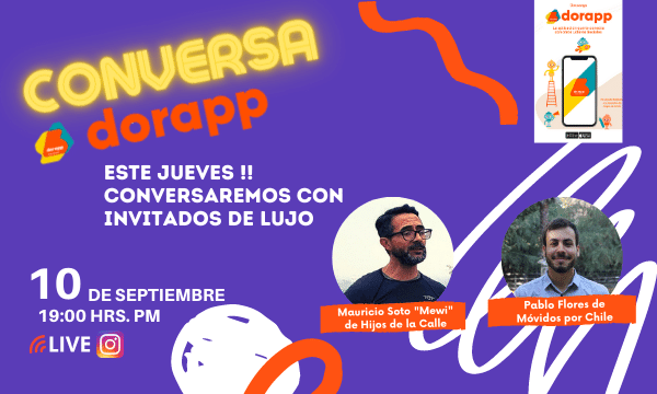 Hdecristo's tweet photo. ¡No te pierdas! 📲 Jueves 10 de septiembre, a las 19:00 horas, por #InstagramLive este nuevo espacio para las organizaciones sociales #ConversaDorapp junto a Mauricio Soto de @CalleHijos y Pablo Flores de @MovidosxChile.
👉 https://t.co/OTacecKl8A
#Dorapp https://t.co/3UTHtXh7hg