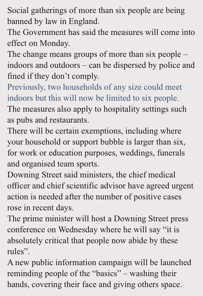 ChrisMasonBBC's tweet photo. Social gatherings of more than six people are being banned by law in England — details here from @nickeardleybbc @BBCPolitics https://t.co/UP3NpO9iEY