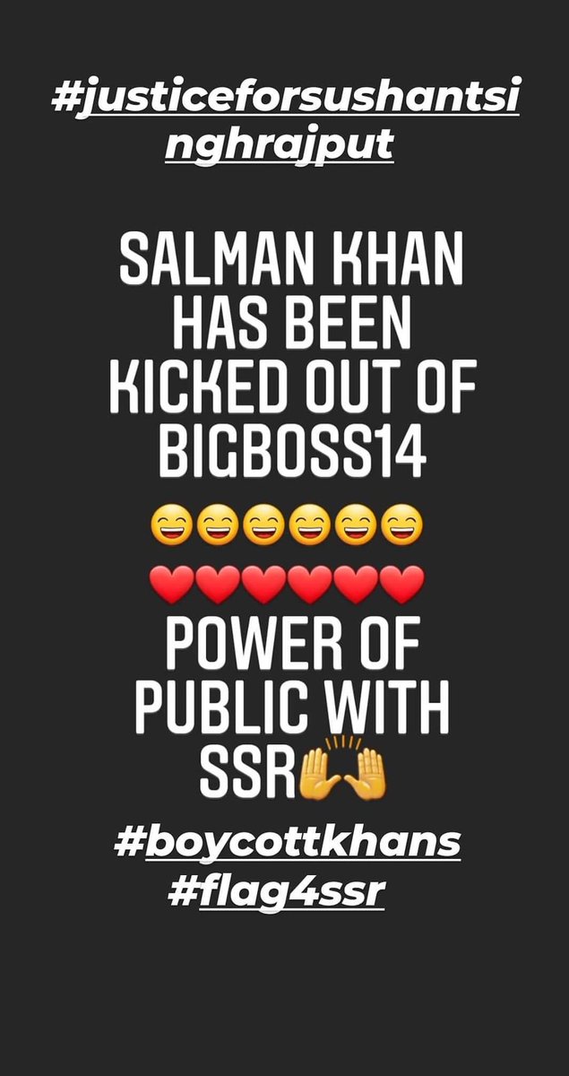hema4pk's tweet photo. SOURCES :SALMAN HAS BEEN KICKED OUT OF BIGBOSS14 COZ OF PUBLIC HATERED....MORE POWER TO PUBLIC...BE UNITE BE STRONG🙌 #Report4SSR #unite4ssr #ssriasanemotion #Flag4SSR #IAmSushant #BoycottKhans #indiawithkangnaranaut #worldwithsushant #ShameOnSanjayRaut #boycottbollywoodmafia https://t.co/Y5BP8s7GN3