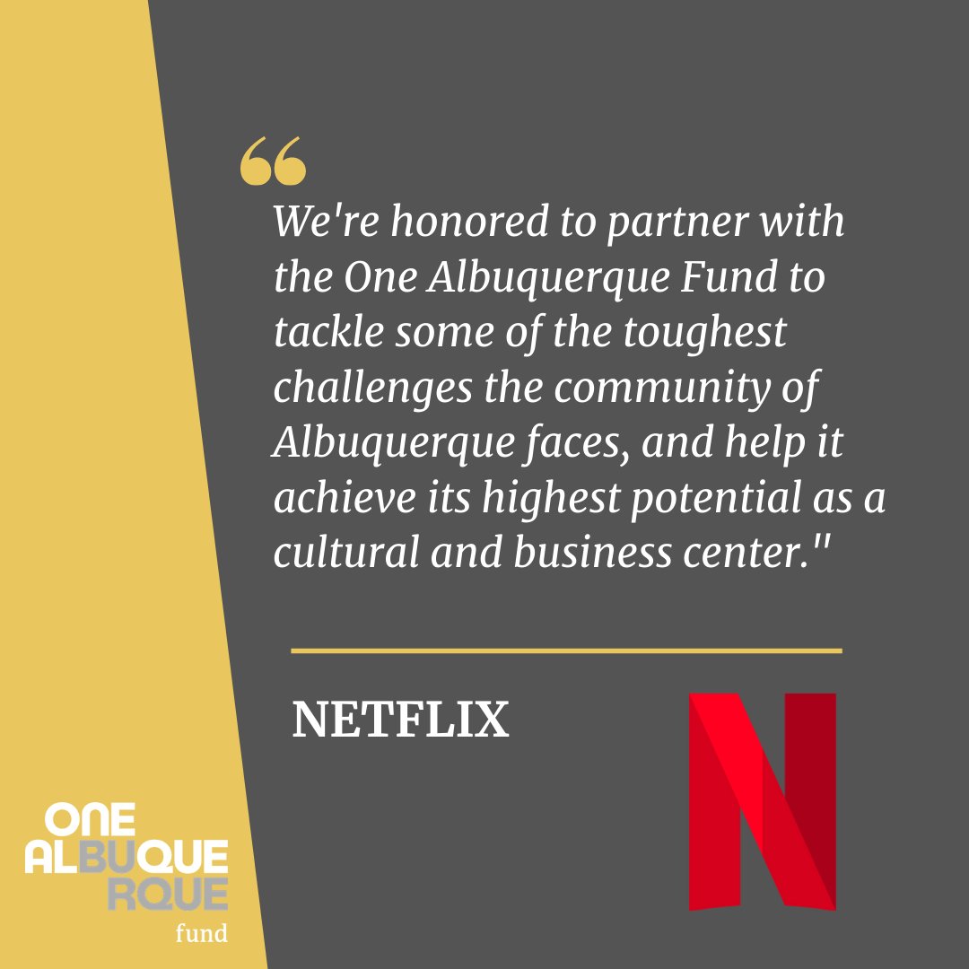 oneabqfund's tweet photo. We are proud of what we've been able to accomplish in a short amount of time with your donations. Thank you @netflix for your support of the One Albuquerque Fund!
#oneabq #Weareoneabq #abq #505 #supportnmbusiness #localnm #localabq https://t.co/of51mcfEOC