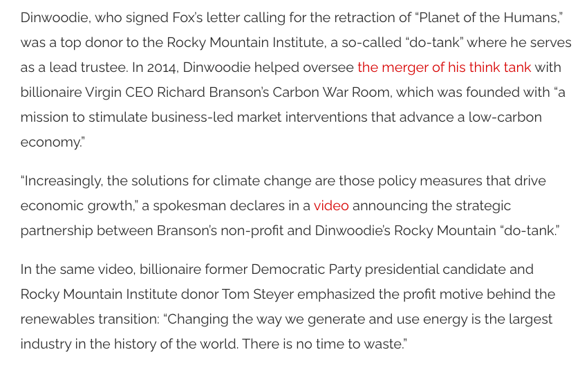 "Cleantech" tycoon Tom Dinwoodie signed  @joshfoxfilm's letter demanding POTH be retracted. Dinwoodie owns scores of solar patents, reaped $1.2 billion in govt subsidies under Obama & sponsors a think tank partnered w/big banks. He also co-produced Fox's latest performance.