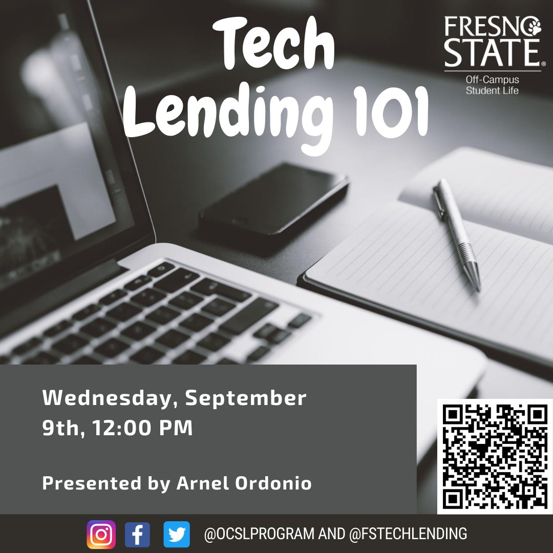TOMORROW: The Off-Campus Student Life program is hosting an overview of <a href="/FSTechLending/">Fresno State Tech Lending</a> services at noon via Zoom! 

Check the photo or DM us for the link and follow <a href="/OCSLProgram/">Fresno State OCSL</a> for more events this semester!
