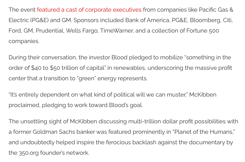 Here's climate guru  @billmckibben w/ ex-Goldman Sachs exec David Blood at a Wall Street-sponsored conference. Blood and Al Gore co-founded the Generation IM investment fund to reap profits from renewable energy."We are making the case for long-term greed," Blood said.