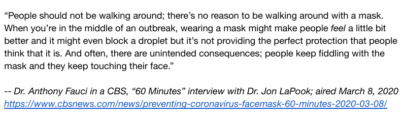 Reminder what the "experts" had to say about the science of masking from ~March/April. A thread-1-Dr. Fauci