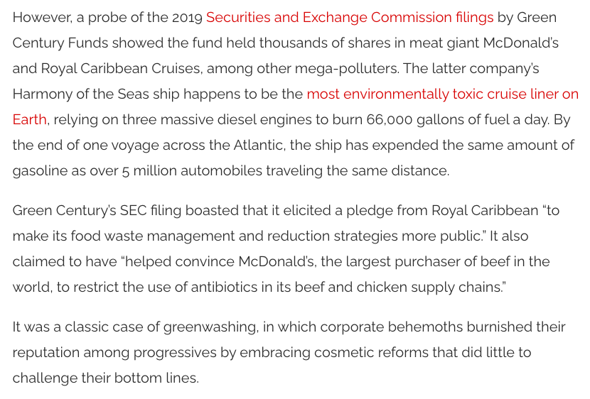 As part of its fossil fuel divestment campaign, McKibben's  @350 advises members to place their money in "socially responsible" funds like  @green_century. But Green Century maintains stocks in mining, plastics, biomass, McDonald's, and other mega-polluters. It's a shell game.