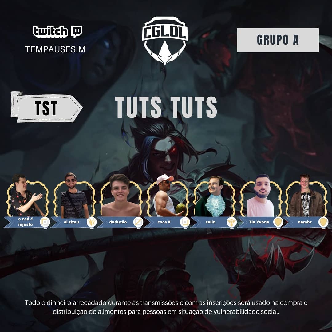 cgloloficial's tweet photo. ⚠️ HOJE É DIA DE EXPOSED ⚠️
Das line-ups do 2º split do #CGLOL!
O primeiro time é o veterano Tuts Tuts (TST), do grupo A.
TOP - o ead é injusto
JUNGLE - el zizau
MID - duduzão
ADC - coca 0
SUP - ceIin
RESERVA 1 - Tia Yvone
RESERVA 2 - nambz
#GoTST https://t.co/Rw4FAB32HH