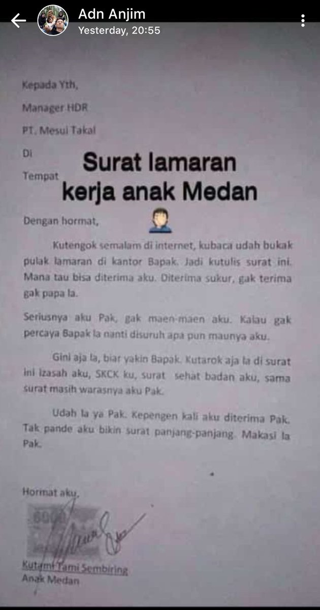 Surat lamaran kerja anak medan.