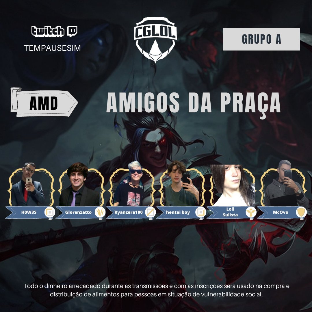 cgloloficial's tweet photo. ⚠️ HOJE É DIA DE EXPOSED ⚠️
Das line-ups do 2º split do #CGLOL!
O segundo time é o Amigos da Praça (AMD), do grupo A.
TOP - H0W3S
JUNGLE - Glorenzatto
MID - Ryanzera100
ADC - hentai boy
SUP - Lolì Sulista
RESERVA 1 - McOvo
#GoAMD https://t.co/wbYFTFG4Up