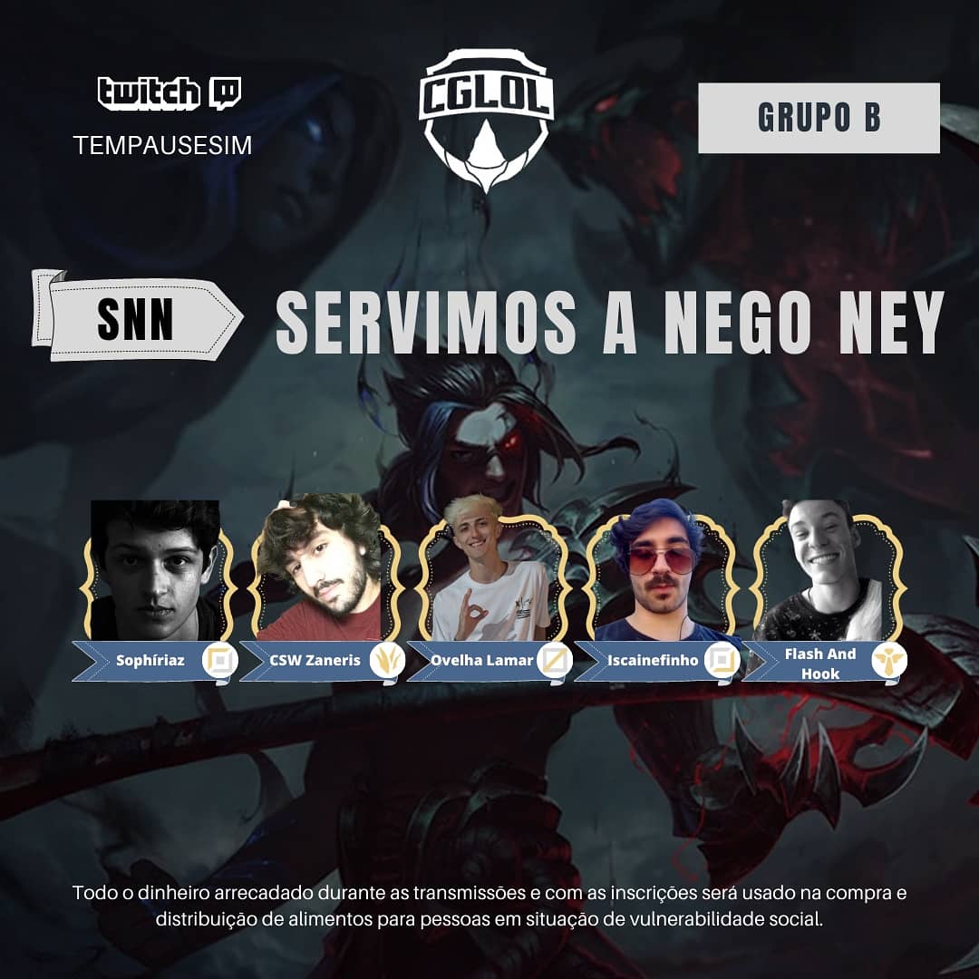 cgloloficial's tweet photo. ⚠️ HOJE É DIA DE EXPOSED ⚠️
Das line-ups do 2º split do #CGLOL!
O quinto time é o Servimos a Nego Ney (SNN), do grupo B.
TOP - Sophíriaz
JUNGLE - CSW Zaneris
MID - Ovelha Lamar
ADC - Iscainefinho
SUP - Flash And Hook
#GoSNN https://t.co/SgA8LEjdjo