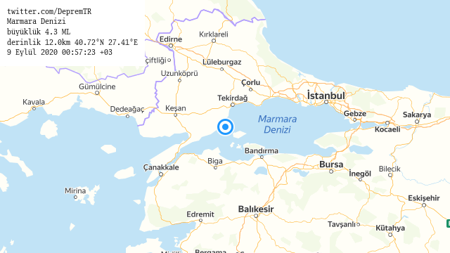 Marmara Denizi
büyüklük 4.3 ML (3 dk önce)
derinlik 12.0km 40.72°N 27.41°E
9 Eylül 2020 00:57:23 +03
#deprem