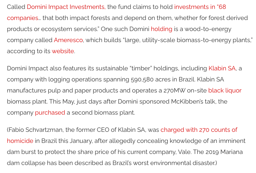 Days after  @joshfoxfilm's attack on Planet of the Humans in  @thenation – branding  @MMFlint a "racist" – the Nation hosted an even with McKibben sponsored by  @dominifunds, an investment fund with significant holdings in biomass & timber – energy sources McKibben claims to oppose.