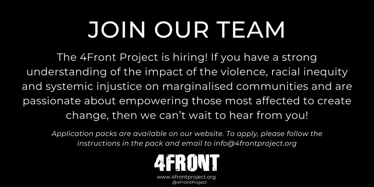 4FrontProject's tweet photo. 📢WE'RE HIRING:
✅ An ambitious and experienced Head of Operations
✅ A formidable Campaigns &amp; Communications Coordinator 
✅ An engaging &amp; inspiring Youth Support Worker
✅ An enthusiastic &amp; committed Legal Support Worker
 
APPLY NOW! RT
#AtThe4Front

https://t.co/mEHAB11v8A https://t.co/0PW9Vws7iF