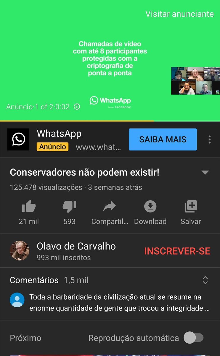 slpng_giants_pt's tweet photo. Olá @WhatsApp @facebookbrasil, tudo bem? Amamos poder conversar com os amigos e familiares mesmo de longe pelo WhatsApp, mas infelizmente encontramos seu anúncio em um canal no @YouTubeBrasil que incentiva o negacionismo científico e o ódio. Pfv BLOQUEIEM ✊🏽 #SleepingGiantsBrasil https://t.co/Y4zAMugvia