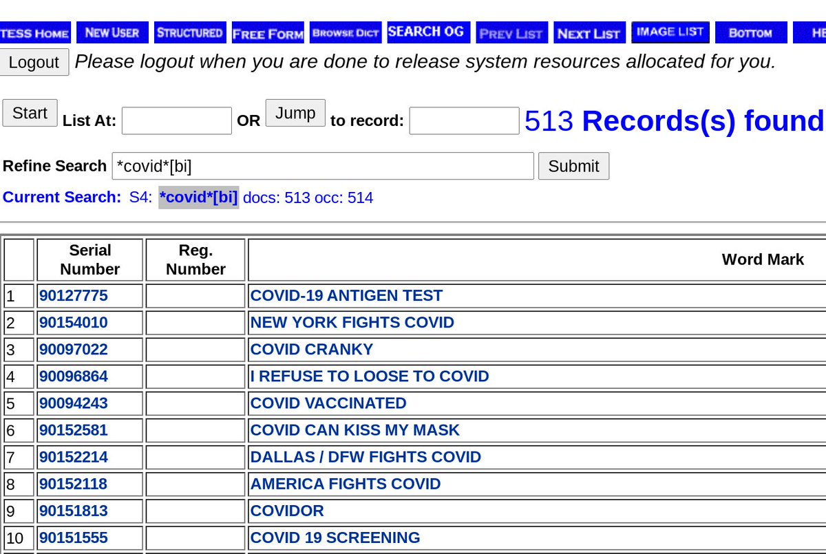 We can then broaden our search specifically to include marks where something appears before, or after, or attached to covid by adding asterisks to the beginning and end of the word:*covid*[bi]
