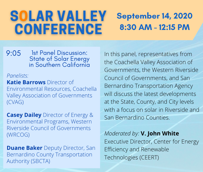 What is the current state of solar energy in Southern California?☀️🔌Our conference's first panel discussion will welcome Katie Barrows of <a href="/CVAGnews/">CVAG</a>, Casey Dailey of <a href="/WRCOG/">WRCOG</a>, and Duane Baker of <a href="/goSBCTA/">SBCTA</a> to share their expertise on the matter. Register now: tinyurl.com/SolarValleyCon…