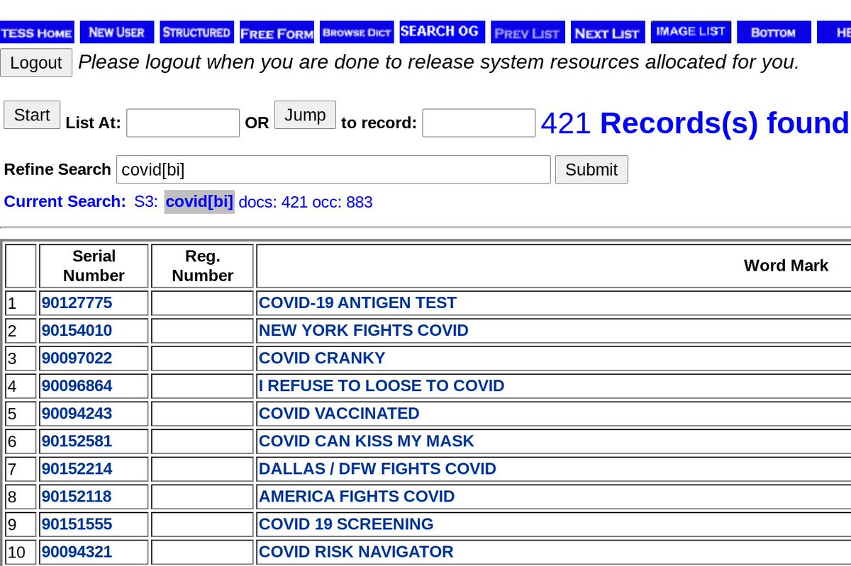 Our wide search for covidin any indexed area returned 705 results.If we're primarily interested in applications for registration where the word covid appears as part of the mark, we can narrow our search to the basic index by searching covid[bi]  http://tmsearch.uspto.gov/webaka/html/help.htm#Basic_Index