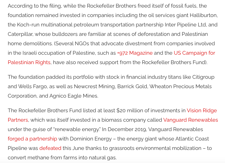 The Rockefeller Brothers Fund incubated  @350 in top-down, non-profit industrial complex fashion. When  @RockBrosFund divested from fossil fuels, it kept assets in Halliburton, heavy mining, the Koch-run Inter Pipeline, and big banks.And  http://350.org  cheered.