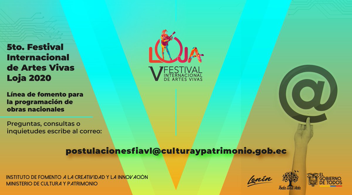 FestivalDeLoja's tweet photo. 📌 ¡Recuerda! Si tienes dudas o consultas sobre la línea de fomento para la programación de obras del #FIAVL2020 escríbenos a: postulacionesfiavl@culturaypatrimonio.gob.ec
#PostulaTuProyecto en ➡️ https://t.co/tcsKMkv5bu https://t.co/rX34ub15QR