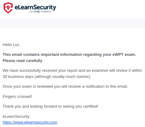 LucKolen's tweet photo. Just handed in my #eWPT exam report, loads of findings and even more pages typed these past few days.
Feels like this one is in the pocket so lets hope that that feeling is right. https://t.co/rv8i3Fjuli