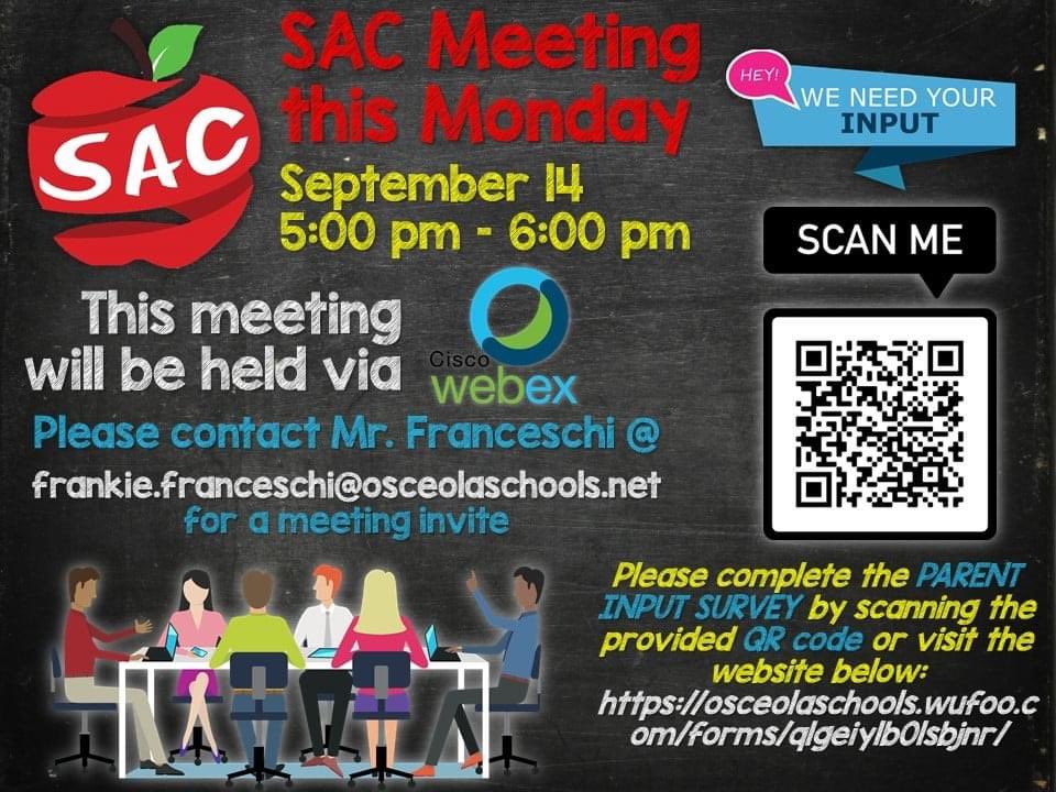 PARENT INPUT SURVEY: osceolaschools.wufoo.com/forms/q1geiylb…
All parents are invited to attend. We will be reviewing this year's School Improvement Plan and would like feedback from the community. To participate, please email Mr. Francecshi @ frankie.franceschi@osceolaschools.net