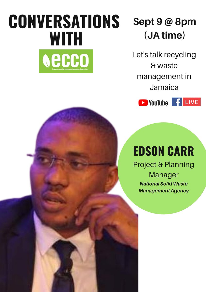 LiveECCOMag's tweet photo. We will be talking to @EdsonZCarr Project &amp; Planning Manager at @NSWMA1876 about waste management in JA. Join us Wed Sept 9 @ 8pm to get your questions answered. Click link &amp; set reminder https://t.co/LN1KcBhWKb
#recycling #Jamaica #responsiblebusiness https://t.co/8CnHq6bBDZ