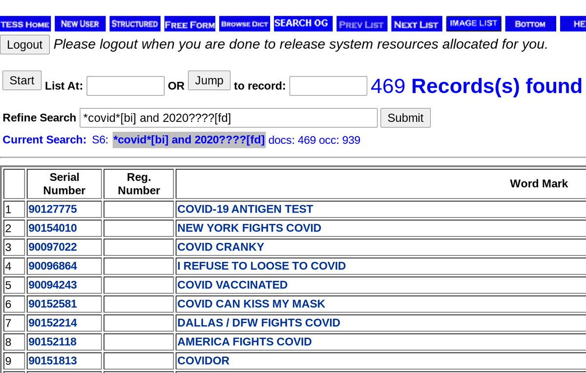 Since the large influx of COVID applications for registration is a fairly recent phenomenon, we can narrow our search to filings made in 2020 by adding: 2020????[fd] http://tmsearch.uspto.gov/webaka/html/help.htm#Filing_Date