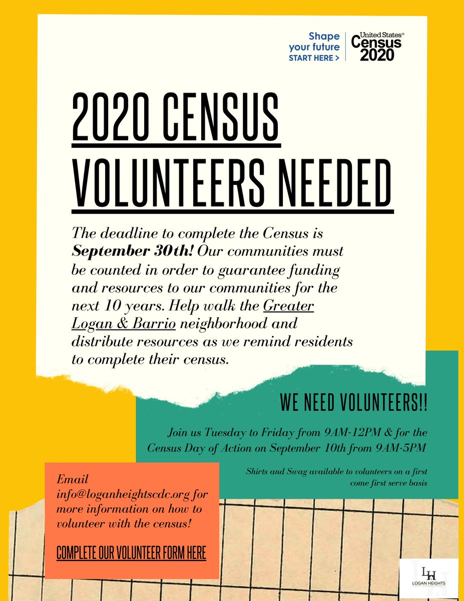 countme2020's tweet photo. Our partner @LoganHeightsCDC is in need of volunteers for a #Census Day of Action in the Greater Logan and Barrio neighborhood on Sept 10! If you're interested, complete this form: 
https://t.co/fLKsA4qSVy https://t.co/n7rTlZJpVM