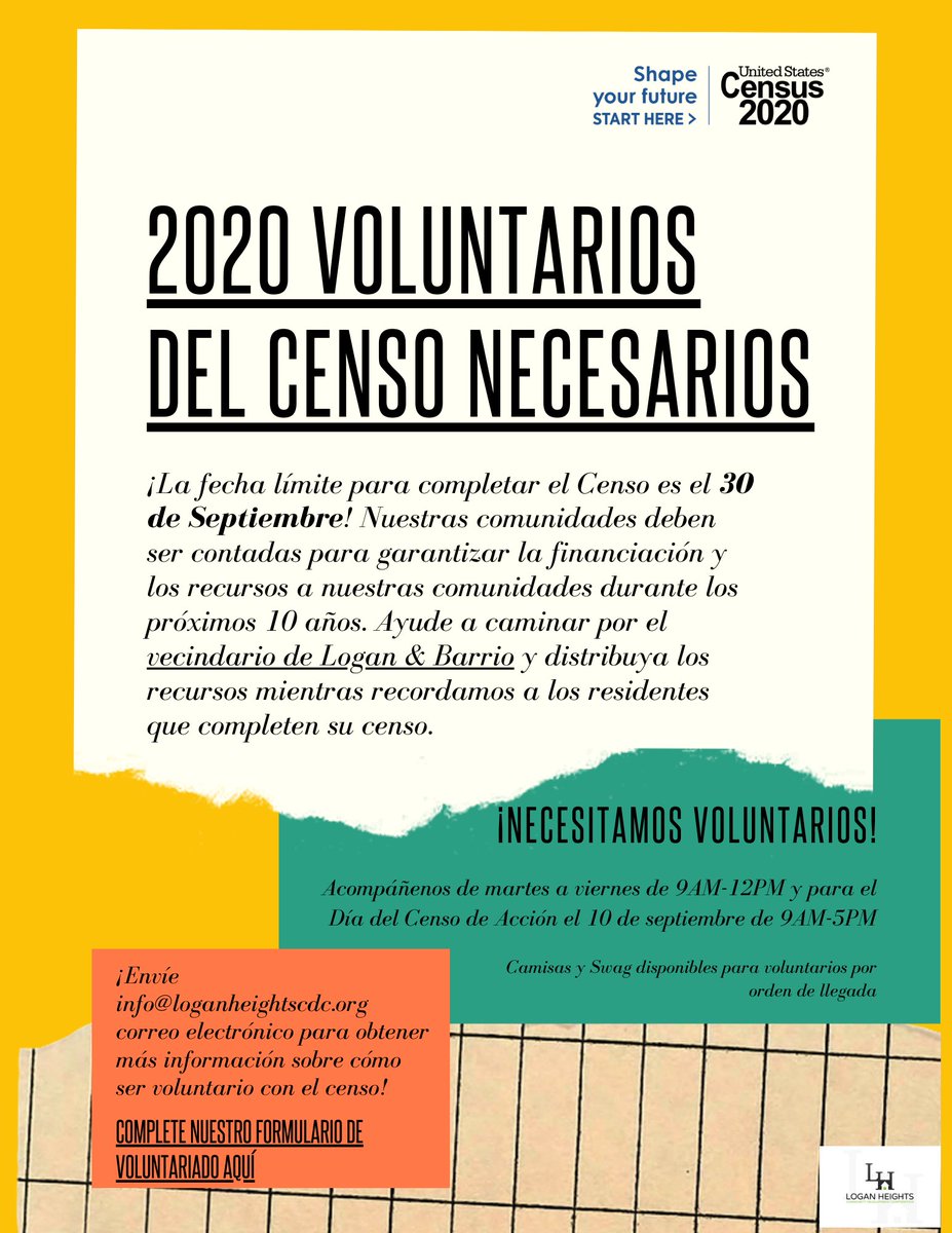 countme2020's tweet photo. Our partner @LoganHeightsCDC is in need of volunteers for a #Census Day of Action in the Greater Logan and Barrio neighborhood on Sept 10! If you're interested, complete this form: 
https://t.co/fLKsA4qSVy https://t.co/n7rTlZJpVM