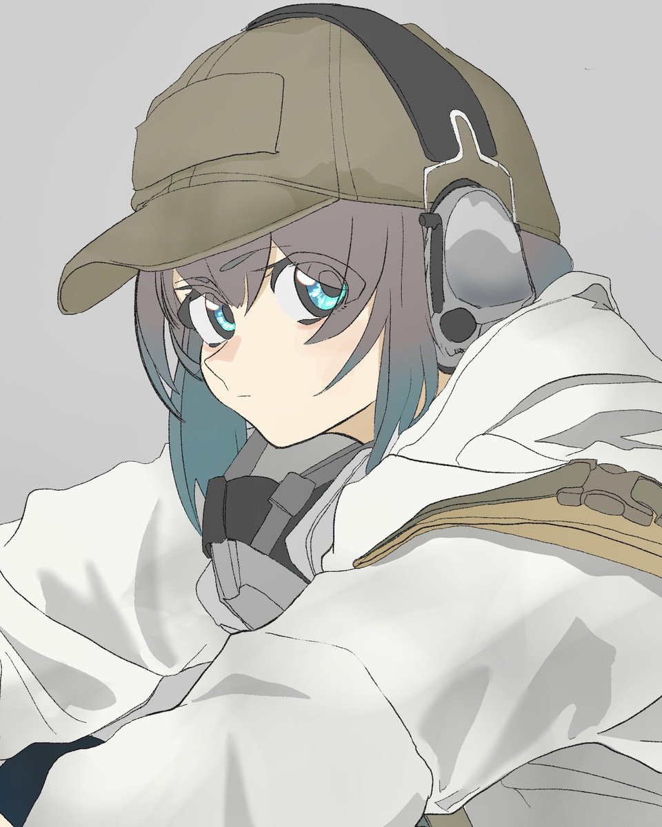 1girl solo hat headphones grey background looking at viewer simple background  illustration images