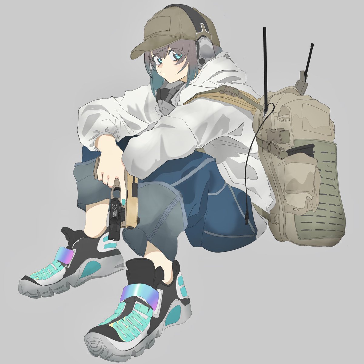 1girl solo hat headphones grey background looking at viewer simple background  illustration images