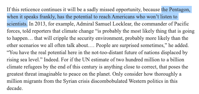 As I noted in my piece, Bill McKibben urged environmentalists to embrace the Pentagon, the worst exporter of violence on Earth, as an ally in the fight against climate change. This is the kind of "green" leadership the billionaire class & non-profit industrial complex creates.