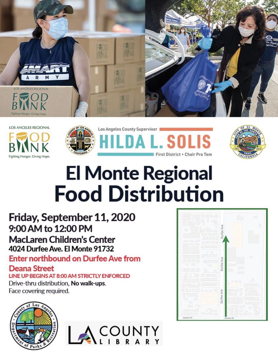 ChirpLosAngeles's tweet photo. El Monte Regional Food Distribution 
Friday, September 11, 2020
MacLaren Children's Center 
4024 Durfee Avenue, El Monte CA 91732
#HildaLSolis #LetsFeedLACounty https://t.co/UBKVQnmtDn