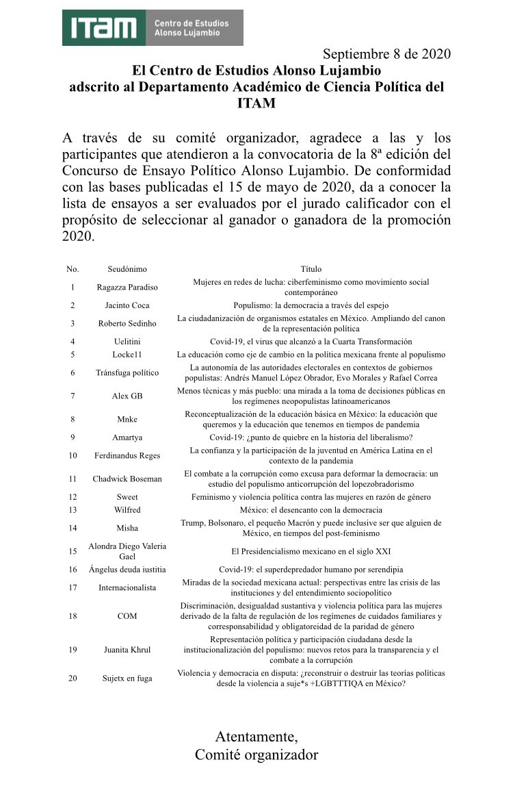 El <a href="/CentroLujambio/">C.E. Alonso Lujambio</a> publica la lista a evaluar para seleccionar al ensayo ganador del <a href="/PremioALujambio/">Premio A. Lujambio</a> <a href="/LujambioAlonso/">Alonso Lujambio</a> 2020.

<a href="/EstudiosITAM/">Revista Estudios ITAM</a> 
Federico Estévez <a href="/MarvanMaria/">Maria Marván Laborde</a> <a href="/AdrianaNOrtizO/">Adriana Ortiz-Ortega</a> Pedro Salazar <a href="/ArturoSanchezG/">Arturo Sánchez G.</a> <a href="/jshm00/">Jesús Silva-Herzog M</a> <a href="/polprof13/">Alexandra Uribe (ella/she)</a> Rodolfo Vázquez <a href="/HVivesSegl/">Horacio Vives Segl</a> 
Finalistas👇