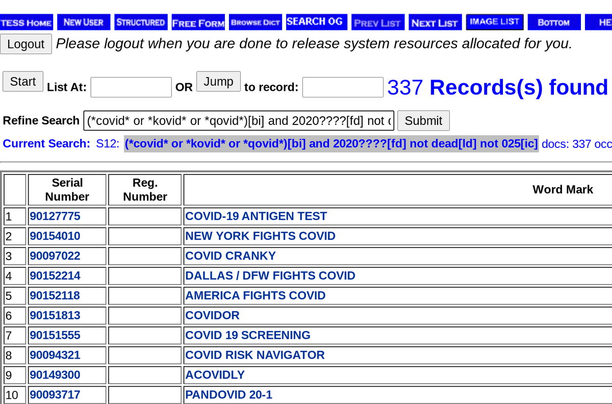 If we want to get fancy, we can take what we know about clothing filings (i.e., they're in International Class 25, there are lots of them, they're deeply non-representative) and exclude them from our results as follows:not 025[ic] http://tmsearch.uspto.gov/webaka/html/help.htm#International_Class