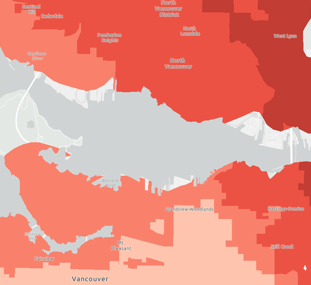 1. Exposure. How many days of extreme heat, what frequencies of wildfires and flood, and what concentrations of ozone might a community experience in the future? Some of these change a great deal even within the Lower Mainland. Here is an example map image for high heat.